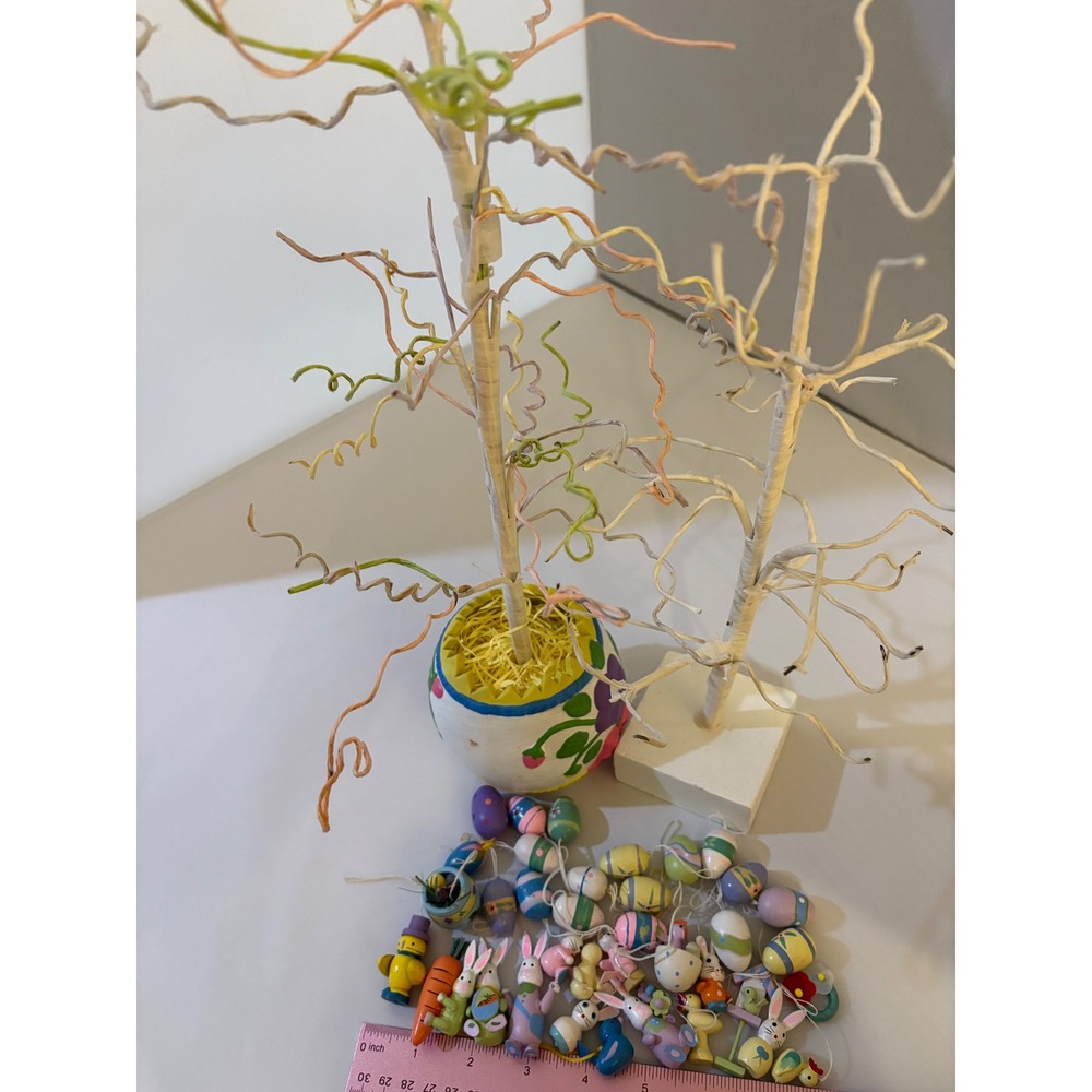 2 Easter Egg Trees with 36‎ Wooden Ornaments Spring Decor Rabbits Ducks Chicks - Picture 8 of 9
